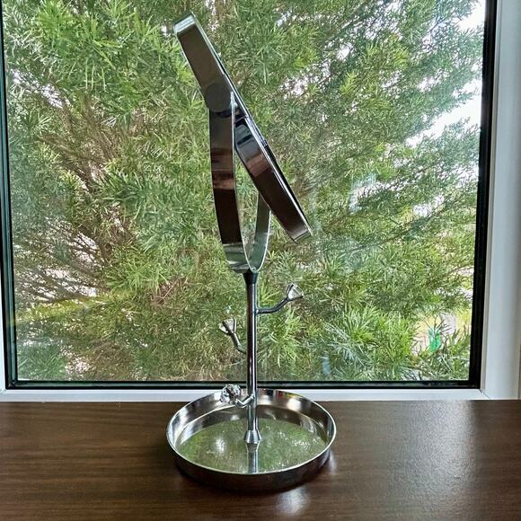 Vintage Chrome Vanity Mirror with Rhinestone Accents and Jewelry Tray – 11” - Picture 7 of 14